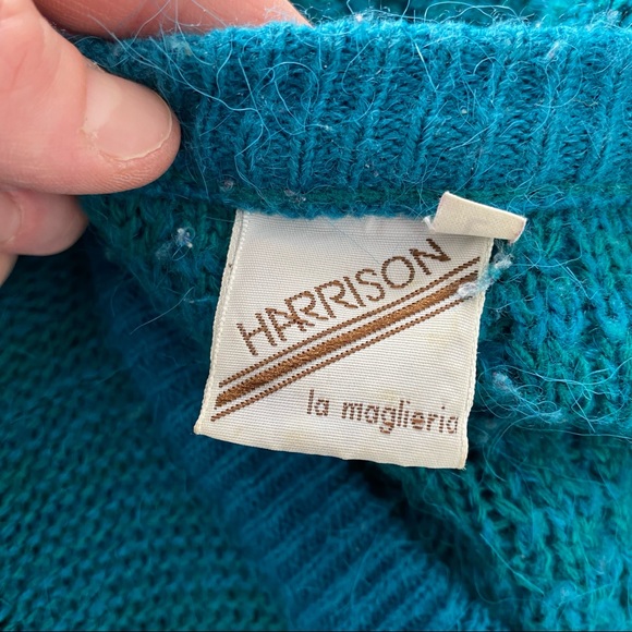 Vintage 80s Teal Wool Blend Mohair Knit Cardigan Pinwheel Buttons Leaf Appliqués - Picture 12 of 14